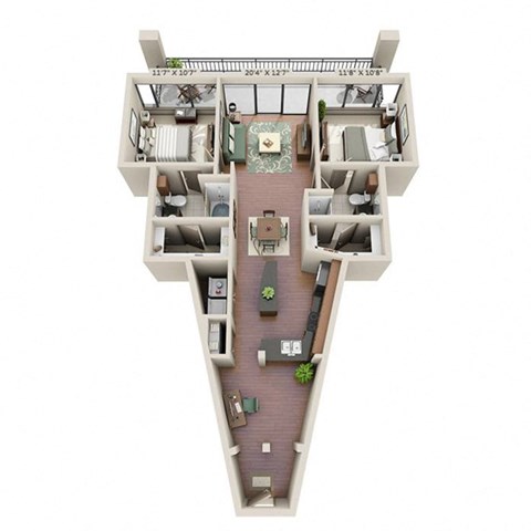 A floor plan of a two-story home with a living room, dining room, kitchen, and two bedrooms.